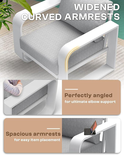 Aluminum Outdoor Patio Furniture Set 4 Piece, Oversized Patio Conversation Sets Widened Armrest & Ultra-Thick Cushions, Deep Seating Modern Sectional Furniture for Backyard, Deck, White