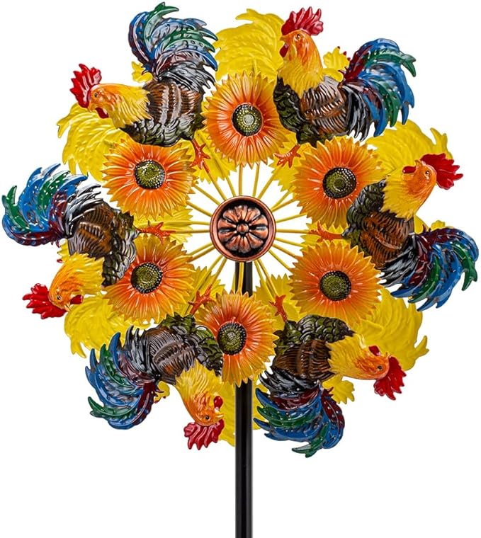 DREAMYSOUL Metal Sunflower and Rooster Fall Wind Spinners, Fall Decorations Outdoor, Kinetic Wind Spinners for Farmhouse Garden Lawn Yard Decor, Harvest Thanksgiving Gifts
