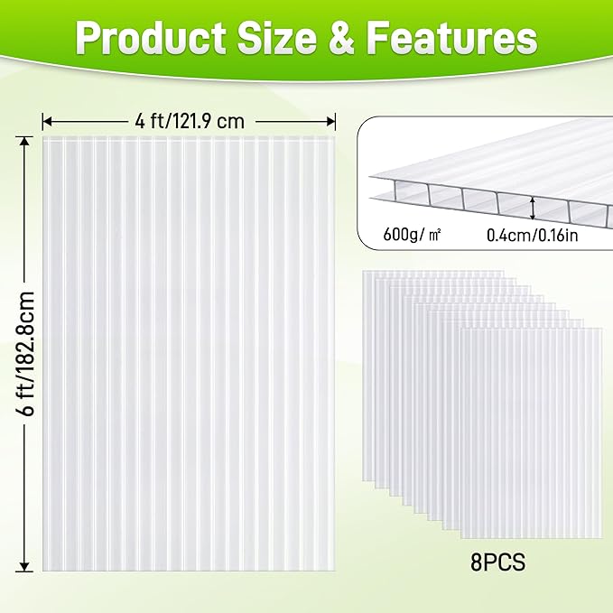 8PCS Polycarbonate Greenhouse Panels, 6' x 4' x 0.16'' Twin-Wall Panels Polycarbonate Sheet, Clear Waterproof UV Protected Corrugated Plastic Roof Panels for Greenhouse Replacement