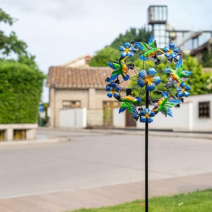 Double Blade Hummingbird Swivel Wind Spinners, Outdoor Garden Spinners 38inch Garden Stakes Decor, Metal Pinwheels for Yard and Lawn