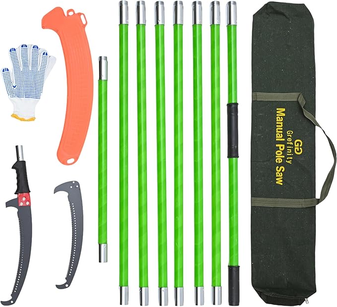 27FT Manual Pole Saw, Tree Branch Trimmer with 8-Section Fiberglass Handle, Sharp Steel Blade, Lightweight Extendable Design for High Branch Trimming, Ideal for Palms and Shrubs