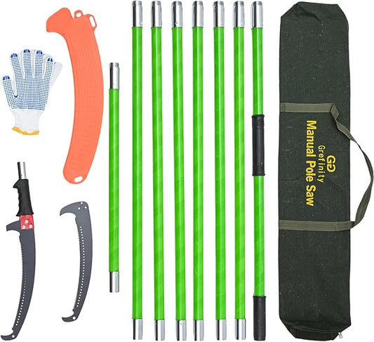 27FT Manual Pole Saw, Tree Branch Trimmer with 8-Section Fiberglass Handle, Sharp Steel Blade, Lightweight Extendable Design for High Branch Trimming, Ideal for Palms and Shrubs