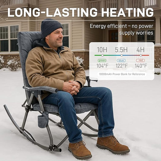 EVER ADVANCED Heated Oversized Folding Rocking Camping Chair, Heating Padded Portable Rocker Chair for Patio, Lawn and Outdoors, Heavy Duty Hard Armchair for Adults Supports 400lbs, Grey