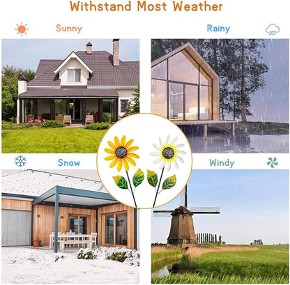 2Pack Garden Wind Spinners,Metal Wind Sculptures Outdoor Windmill Flower Pinwheel Decorations for Yard Lawn Patio Decor(Yellow and White)