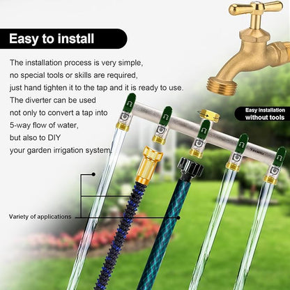 5 Way Garden Hose Splitter, Heavy Duty Brass Nickel Plated Rust Resistant Faucet Manifold, 3/4" Frost Resistant Outdoor Hose Adapter Connector，Hose Spigot Adapter with 5 large Green handles