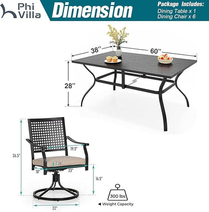 PHI VILLA 7 Pieces Outdoor Dining Set for 6, 60" Rectangle Metal Wrought Iron Table with Umbrella Hole & Swivel Steel Chairs with Cushions, Large Furniture Set for Patio, Deck, Porch, Yard
