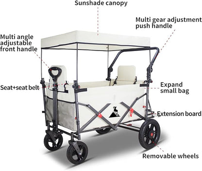 Collapsible Foldable Wagon Cart with Quick-Release Wheels & 2 Seats Camping Wagon- Heavy-Duty Utility Wagon 265LBS Capacity for Camping, Garden, Shopping (Beige)