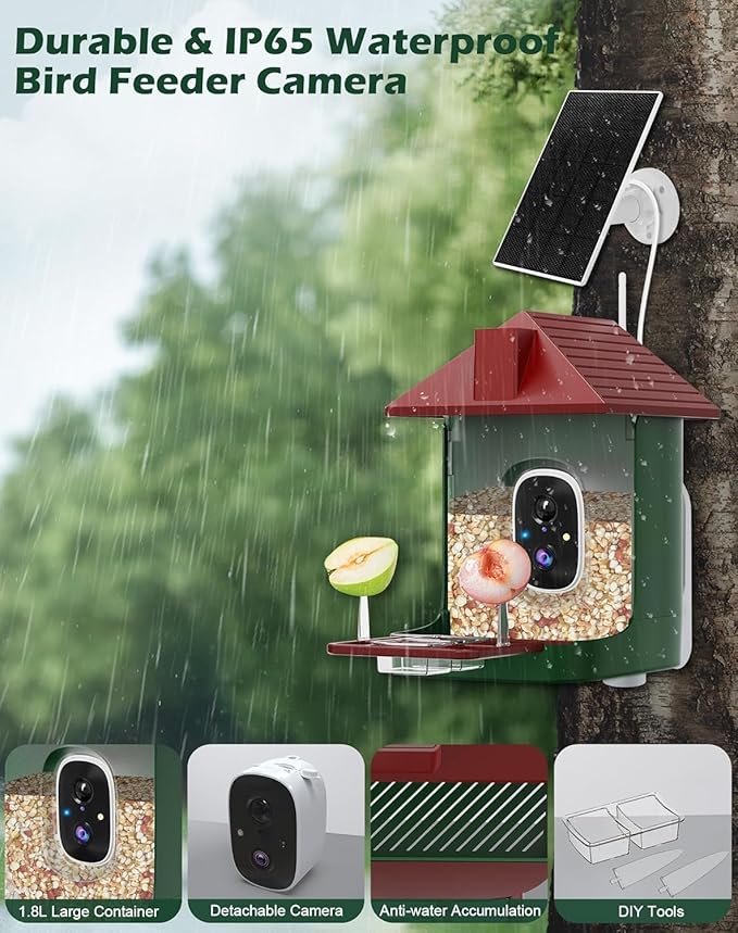 Smart Bird Feeder with Camera Solar Powered, 2.5K Live Video Bird House Camera, AI Identifies, Auto Capture & Notify, Motion Detection, Cloud Storage, Color Night Vision, Ideal Gift for Bird Watching