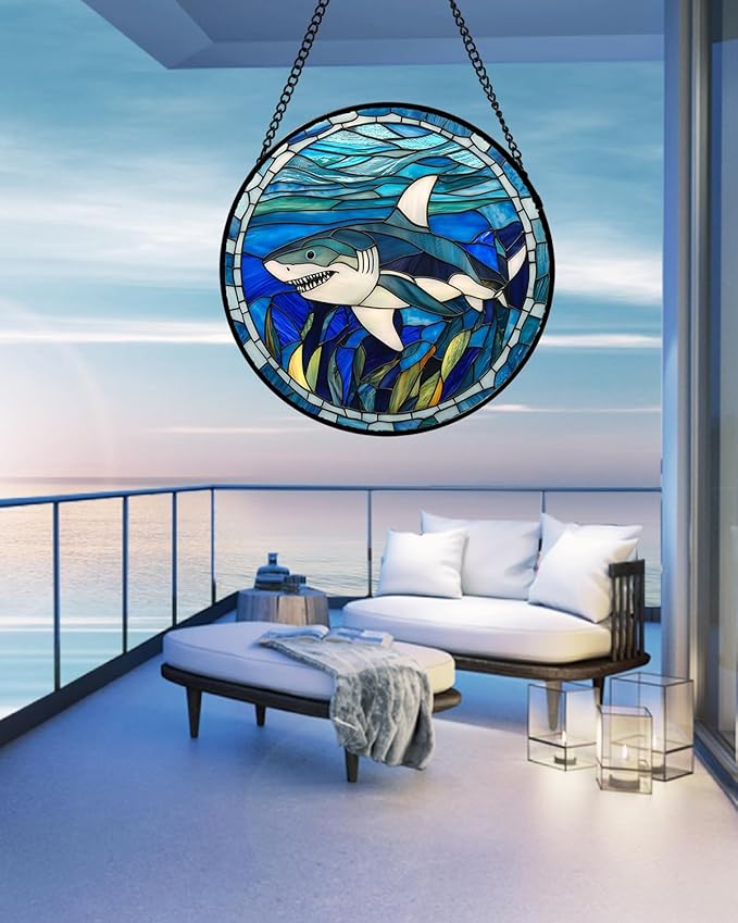 Stained Glass Suncatcher, Blue Ocean Big Shark Sun Catcher Waterweed Stain Glass Window Hanging Decoration Mother's Day Birthday Gifts for Women Men Mom Nana 7.8 in