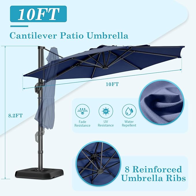 HOTIME10ft Patio Umbrella Cantilever Umbrella - Upgrade and Intensify - with 360 Rotation and 5 Angles Adjustment - Aluminum Offset Pool Umbrella Square Outdoor Umbrellas for Patio Garden Deck