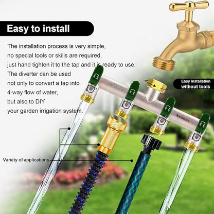 4 Way Garden Hose Splitter, Heavy Duty Brass Nickel Plated Rust Resistant Faucet Manifold, 3/4" Frost Resistant Outdoor Hose Adapter Connector，Hose Spigot Adapter with 4 large Green handles