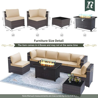 Outdoor Patio Furniture Set with Propane Fire Pit Table, 8 Pieces Outdoor Furniture Patio Sectional Sofa Conversation Set w/ETL Approved 43" Gas Outdoor Fire Table & Coffee Table Brown