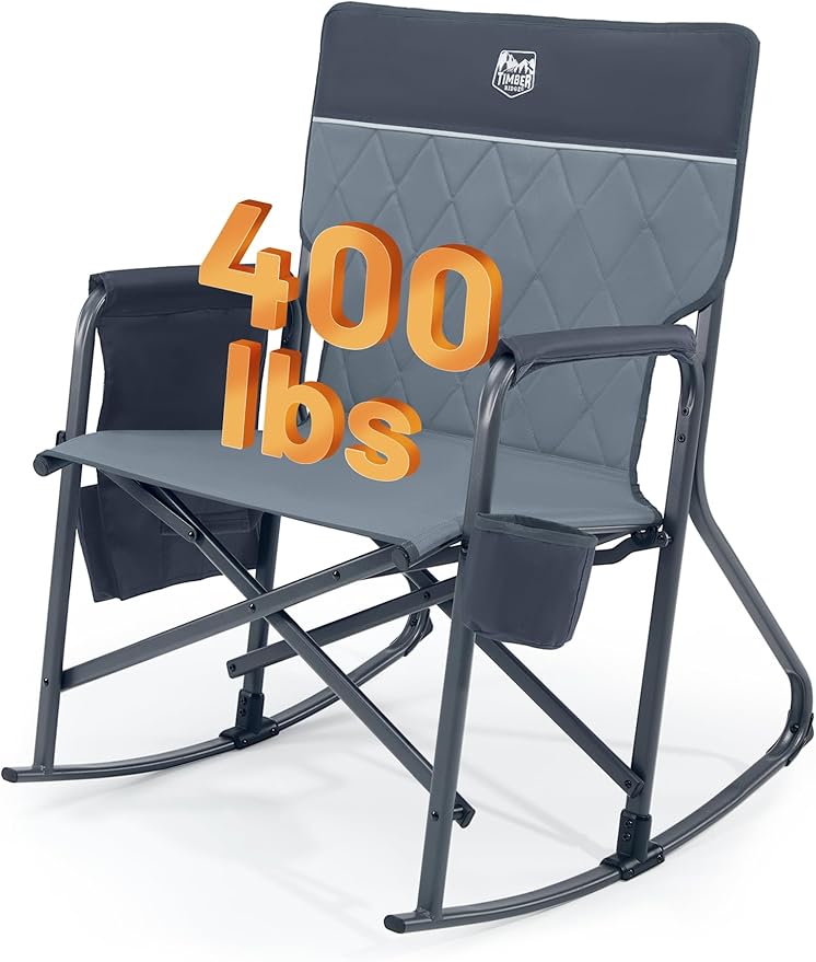 TIMBER RIDGE Folding Oversized Rocking Camping Chair, 400lbs Capacity Portable Outdoor Rocker with Hard Armrests, Cup Holder & Side Pocket, Quick-Fold Design for Outdoor, Patio, Lawn, Grey