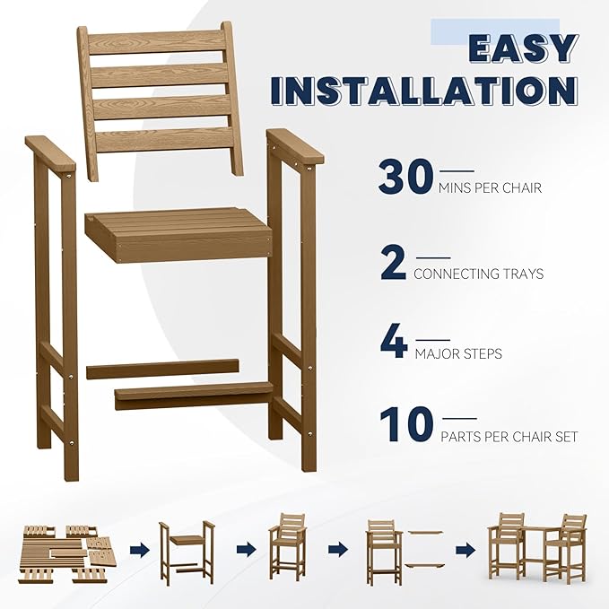 Tall Adirondack Chairs Set of 2, All Weather HDPE Poly Bar Height Balcony Adirondack Chair with Removable Double Connecting Trays, Outdoor Adirondack Barstools for Deck, Patio, Yard, Pool, Lawn