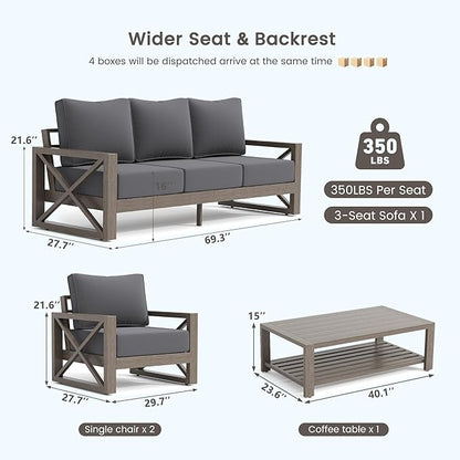 UDPATIO 6 Piece Aluminum Patio Furniture Set 7 Seats Modern Outdoor Furniture Faux Wood Grain Patio Conversation Sets with Olefin Fabric Thick Cushions, 600D Waterproof Cover Included, Dark Grey