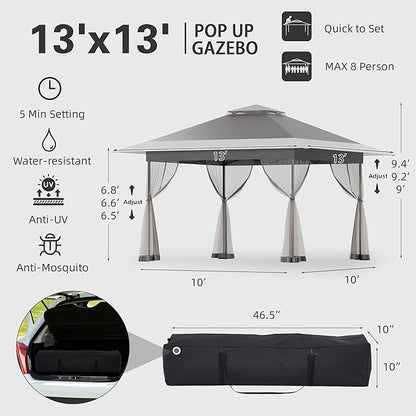 Bezseller 13x13 Pop Up Gazebo Tent with Mosquito Netting – Quick Set Up, Water-Resistant Outdoor Canopy for Patio, Garden, Backyard, and More,Deep Grey