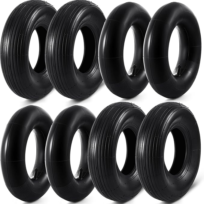 4 Sets 13'' 4.00-6 Replacement Tire and Inner Tube Set Heavy Duty 4.00-6 Tire and Wheel with TR13 Straight Valve Stem and Ribbed Tire Treads, for Wheelbarrow Trolley Garden Wagon Wheels
