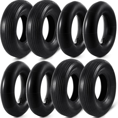 4 Sets 13'' 4.00-6 Replacement Tire and Inner Tube Set Heavy Duty 4.00-6 Tire and Wheel with TR13 Straight Valve Stem and Ribbed Tire Treads, for Wheelbarrow Trolley Garden Wagon Wheels