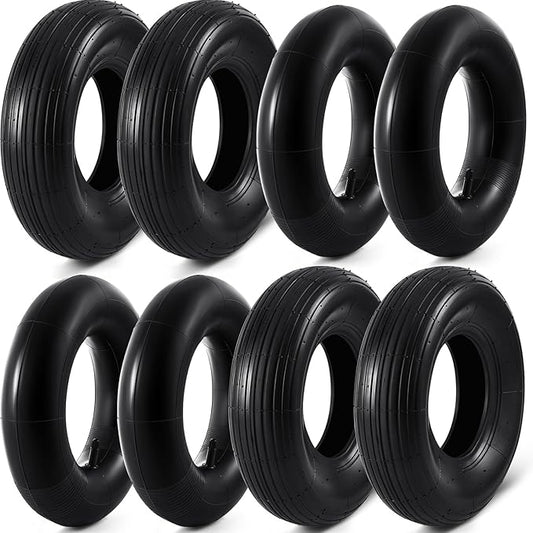 4 Sets 13'' 4.00-6 Replacement Tire and Inner Tube Set Heavy Duty 4.00-6 Tire and Wheel with TR13 Straight Valve Stem and Ribbed Tire Treads, for Wheelbarrow Trolley Garden Wagon Wheels