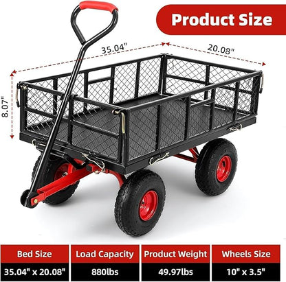 880 Lb Tire Steel Garden Dump Cart, Heavy-Duty Dump cart Wagon and Wagons with 4-Side Removable Mesh and 180° Swivel Handle, 10" Tires, Patio Dump Cart Utility Wagon, Metal Push Trolley