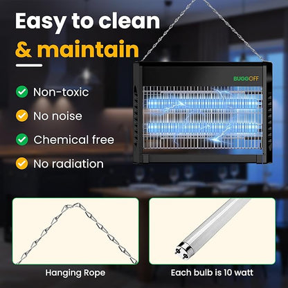 BUGGOFF Indoor Black Modern Electric Bug Zapper, 800 SQFT Coverage, 3500 Volts of Stunning Power, 20 Watts, Kills Mosquitos Gnats, Flys & More. 10 Year Warranty, X2 Free Repalcment Bulbs