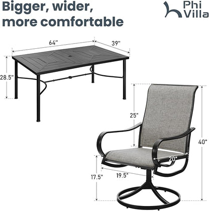 PHI VILLA Patio Dining Set for 6 Person, Outdoor Table and Chairs Furniture Dining Set with 6 Outdoor Swivel Dining Chairs and 1 Large Metal Table, Patio Set for Lawn Garden Deck