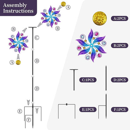 Metal Wind Spinner Outdoor, Purple Flowers Wind Sculpture Spinners with Metal Stake, Yard Art Decor for Patio, Lawn & Garden, Creative Gifts 57.5 * 13.3 Inch