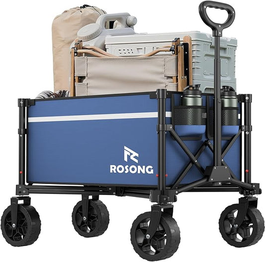 Navy Collapsible Wagon Cart with Wheels Foldable - Folding Utility Heavy Duty Wagons Carts for Grocery Sports Garden Shopping Camping