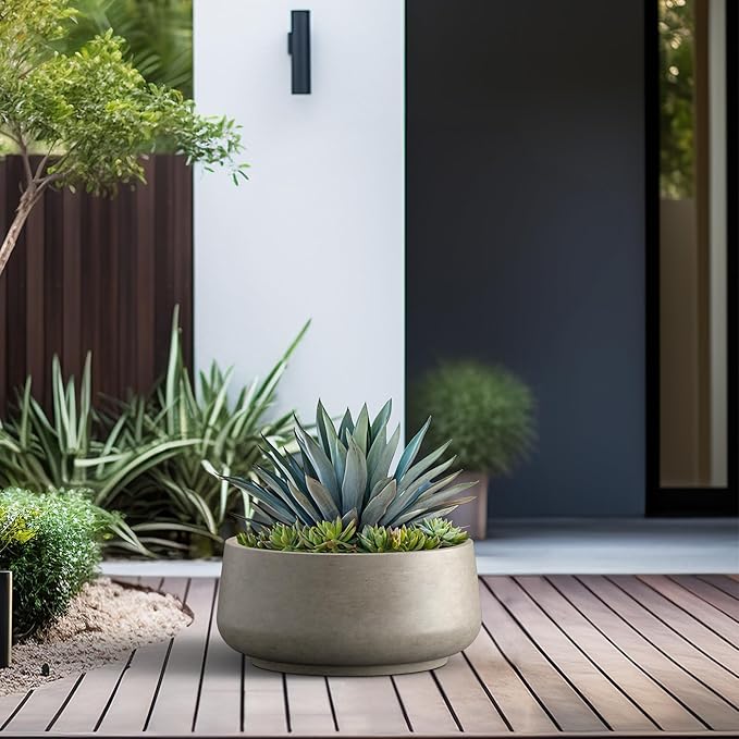 Kante 16.1" Dia Round Curvy Concrete Planter, Large Plant Pots with Drainage Hole and Rubber Plug for Indoor Outdoor Plants, Flower Pot for Home Garden Patio Porch, Weathered Concrete