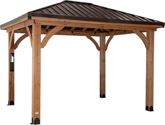 Backyard Discovery Barrington 10' x 10' Cedar Wood Outdoor Gazebo Pavilion with Hardtop Galvanized Steel Hip Roof, Snow Support, Wind Resistance, PowerPort, Shade for Garden, Patio, Deck, Entertaining