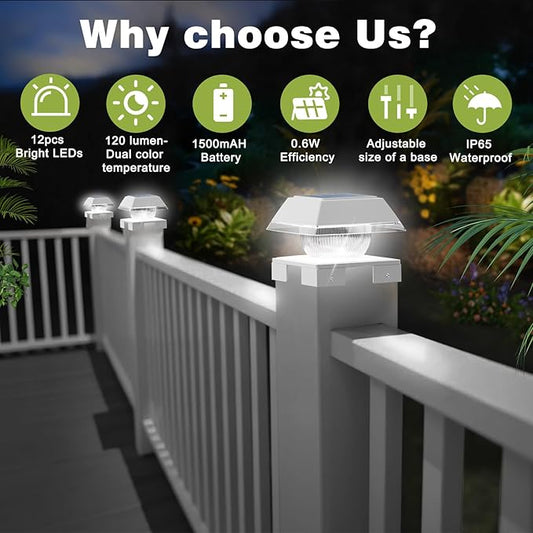 INDARUN Solar Outdoor Post Cap Lights with Cool White & Warm White, 120Lumen, 4x4 Post Solar Lights Fit Fence Deck Posts Caps - 4x4 5x5 6x6 Wood Posts/4x4 Vinyl Posts, for Porch, Patio, Yard Decor