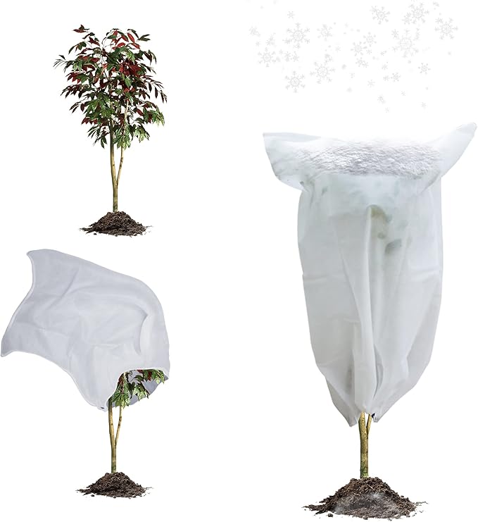 EZGOODZ White Winter Plant Covers Freeze Protection, 31.6 x 47 Inch. Pack of 2 Plant Winter Cover Protection with Drawstring. Tree Plant Protectors for Winter. Lightweight Anti Frost Plant Cover