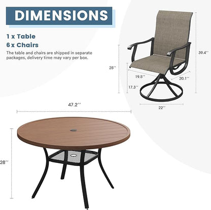 DIFY 7 Pieces Outdoor Patio Dining Set, 6 Brown Textilene Swivel Dining Chairs and 47.2" Walnut Round Dining Table, Metal Outdoor Table and Chairs