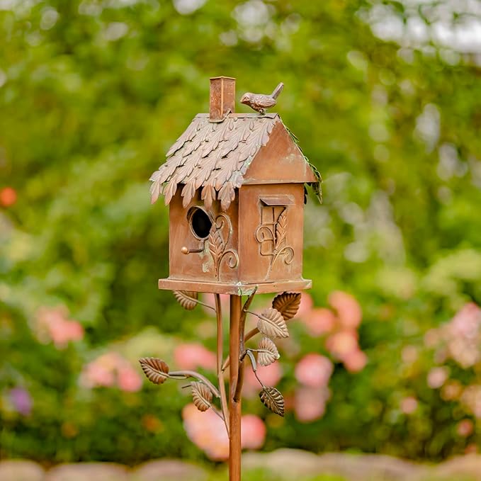Copper Color Bird House Garden Stake with Ornate Style Roof (Rectangular)