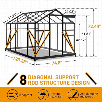 VINGLI 6x10 FT Greenhouse for Outdoors, Twin-Wall Translucent Heavy Duty Polycarbonate Greenhouse Kit with 5 Roof Vents, Weather Resistance for Plants Protection, for Home Gardening (Black, 6x10 FT)