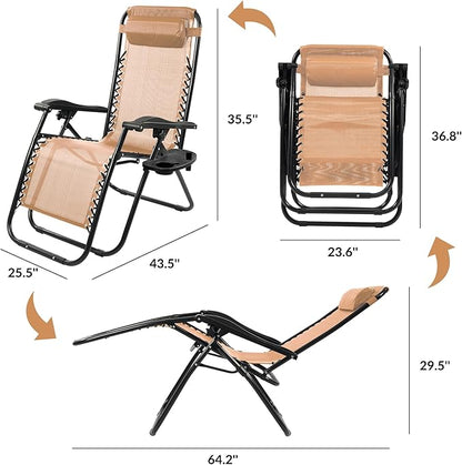 Elevon Zero Gravity Chair Set of 2 with Cup Holder & Removable Pillows, Adjustable Reclining Outdoor Patio Folding Chairs Portable Lounge Chair Furniture for Poolside, Lawn, Beach, Camping, Beige