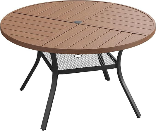 VICLLAX Outdoor Patio Round Dining Table, 47.2"x 47.2" Spliced Metal Tabletop with Storage Shelf for Deck Lawn Garden Backyard, Walnut