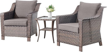 3 Pieces Patio Furniture Set-Wicker Patio Chairs Set of 2 with Tempered Glass End Table Outdoor Patio Chairs for Deck Balcony Poolside Backyard-Brown/Grey