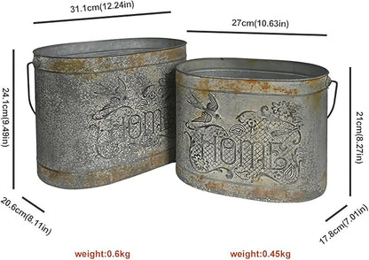 Set of 2 Vintage Distressed Metal Planter, Decorative Flower Buckets with Floral Embossing, Rustic Farmhouse Flower Pot for Herbs Succulents, Wedding Party Home Decor Accents