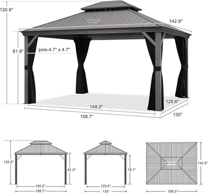 PURPLE LEAF 12' X 14' Patio Hardtop Gazebo Aluminum Outdoor Gazebo with Double Galvanized Steel Roof for Deck Backyard All Weather Outdoor Pavilion Curtain and Netting Included, Light Grey