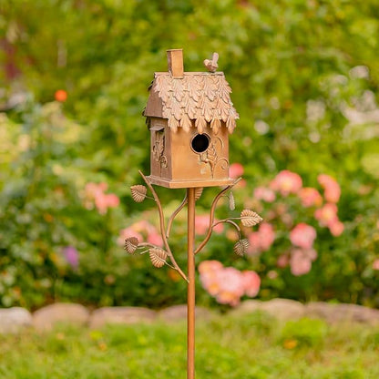 Copper Color Bird House Garden Stake with Ornate Style Roof (Rectangular)