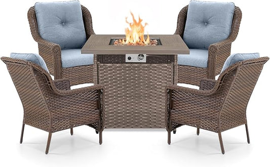 Outdoor Patio Chairs with Fire Pit Table 5 Piece Set - High Back Brown Wicker Rattan Lawn Chair with Thick Cushion for Porch Apartment Deck Yard Poolside Garden - Baby Blue
