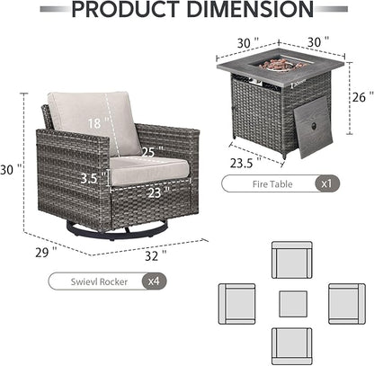 Outdoor Swivel Rocker Chairs Set of 4 with Fire Pit Table - 5 Peice Wicker Patio Furniture Set Conversation Set with 50,000 BTU Fire Pit for Deck Backyard - Grey Wicker Beige Cushion