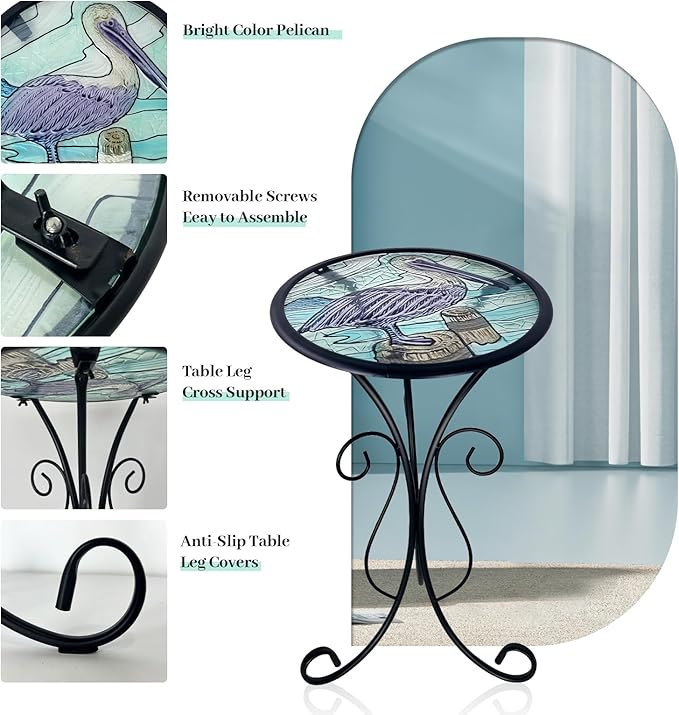 HONGLAND Outdoor Side Table, Small Outdoor Table, 12" Round Patio Side Table End Table, Glass Plant Stand, Small Bistro Coffee Table for Garden Patio Porch Living Room (Pelican)