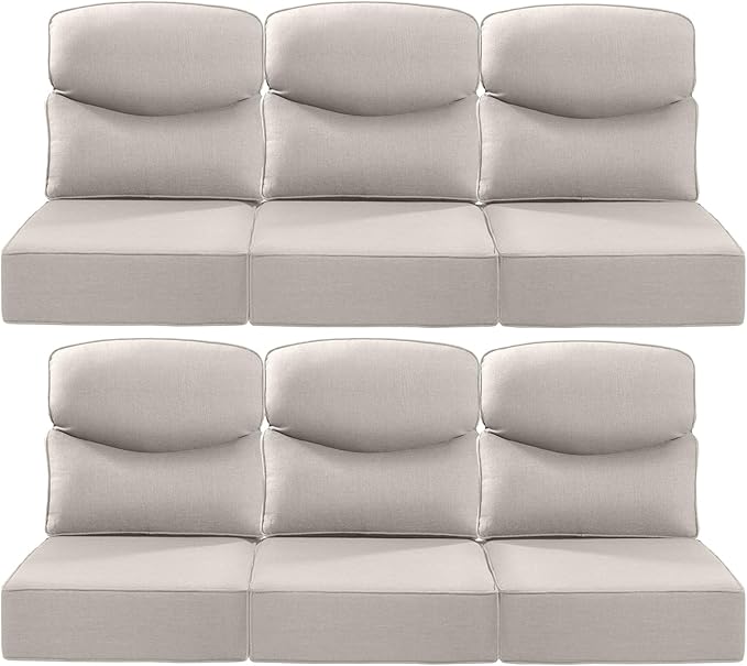 Luxury 22x24/22x25 6-Inch Smile Patio Cushions for Outdoor Furniture Set of 6 - Thick Back & Deep Seat Outside Chair Cushions for Rattan Metal Glider Loveseat Sectional Sofa - Beige