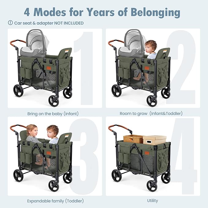 Wagon Stroller for 2 Kids, High Seat & 5 Point Harness, Foldable All-Terrain Wagon for Toddler with Canopy, Parent Organizer, Shoulder Bag, Adjustable Handlebar, Ultimate Double (Green)