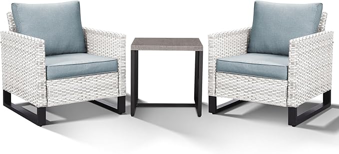 HUMMUH Outdoor Patio Chairs Metal Frame Wicker Dinning Chairs with Side Table 4 inch Seat Cushions Light Blue