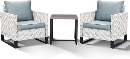 HUMMUH Outdoor Patio Chairs Metal Frame Wicker Dinning Chairs with Side Table 4 inch Seat Cushions Light Blue
