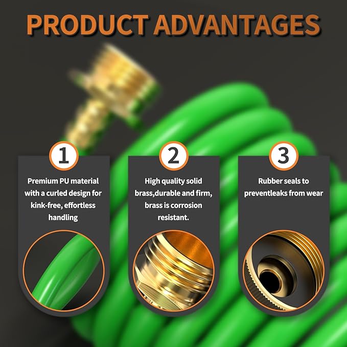 GASHER 25FT PU Recoil Garden Water Hose with 3/4"Inch Brass Fittings Retractable, Swivel Female for Boating, Pool & Spa, RV, Home and Garden（Green)