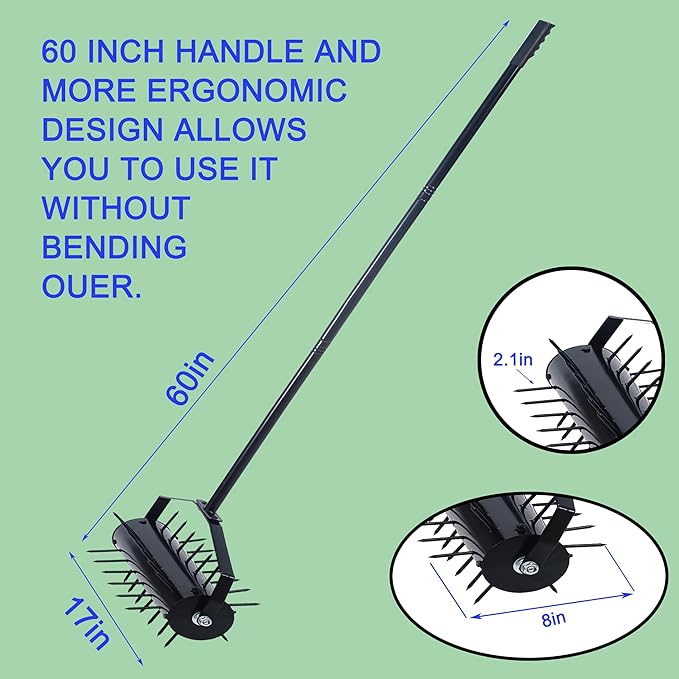Rolling Manual Lawn Aerator, 58-Inch Handle Push Spike Aerator for Lawns, Yards, and Gardens, Easy Assembly, Reduces Soil Compaction, Enhances Water Absorption Manual Aerator Tool Black